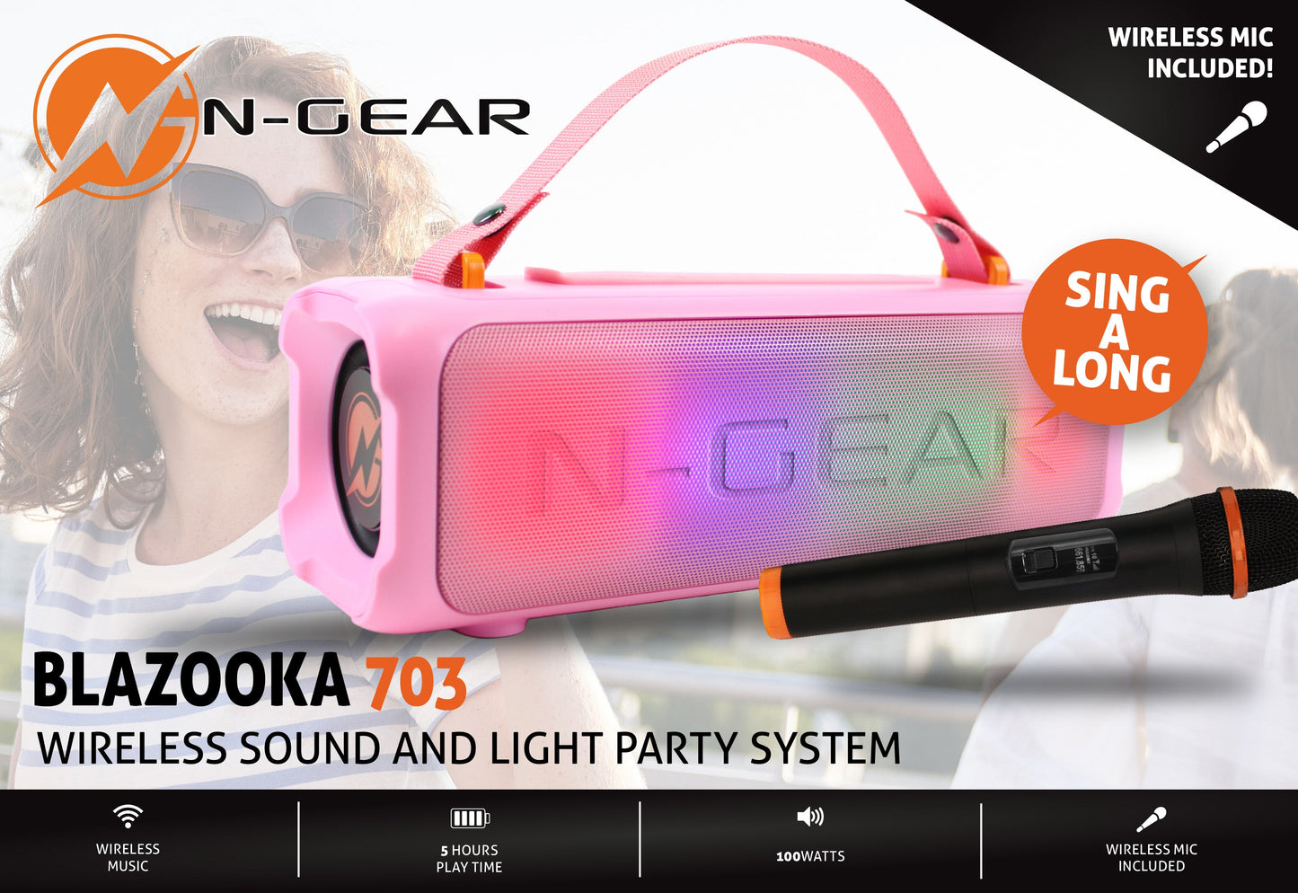N-Gear | Blazooka 703P Bluetooth Speaker Karaoke Set Party Box with Microphone Pink