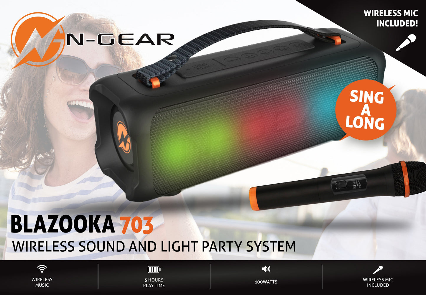 N-Gear | Blazooka 703B Bluetooth Speaker Karaoke Set Party Box with Microphone Black