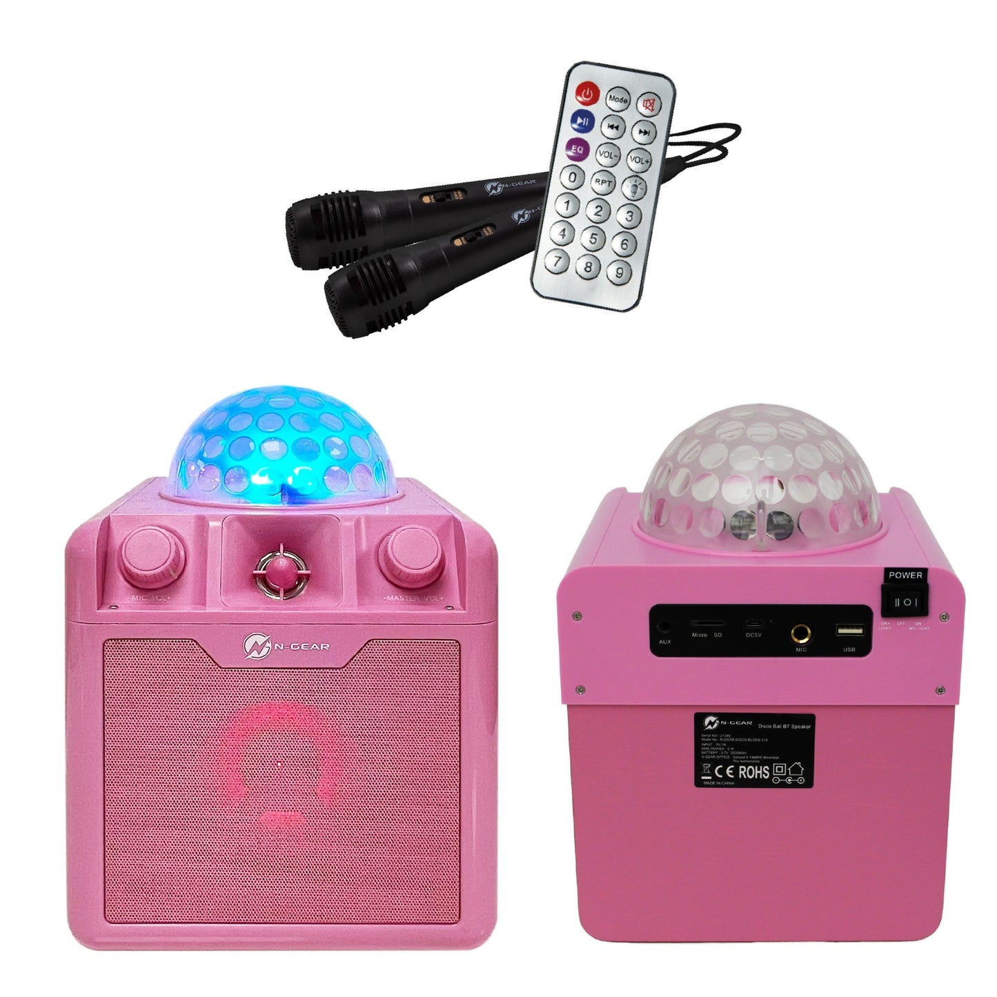 N-Gear | Disco Block 410 Bluetooth Speaker Karaoke Set Party Box with 2 Microphones Pink