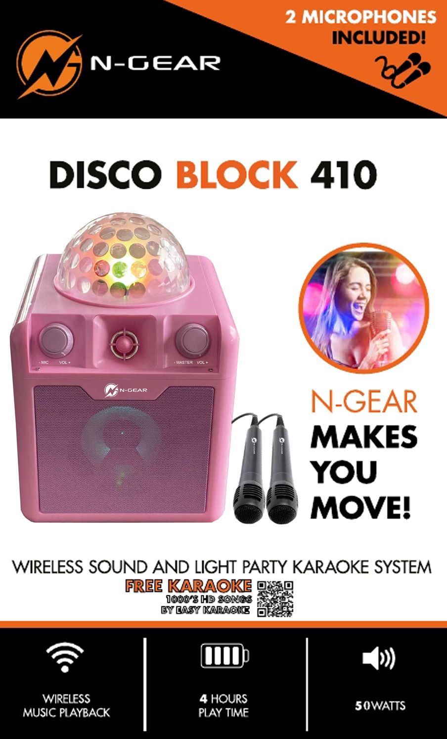N-Gear | Disco Block 410 Bluetooth Speaker Karaoke Set Party Box with 2 Microphones Pink