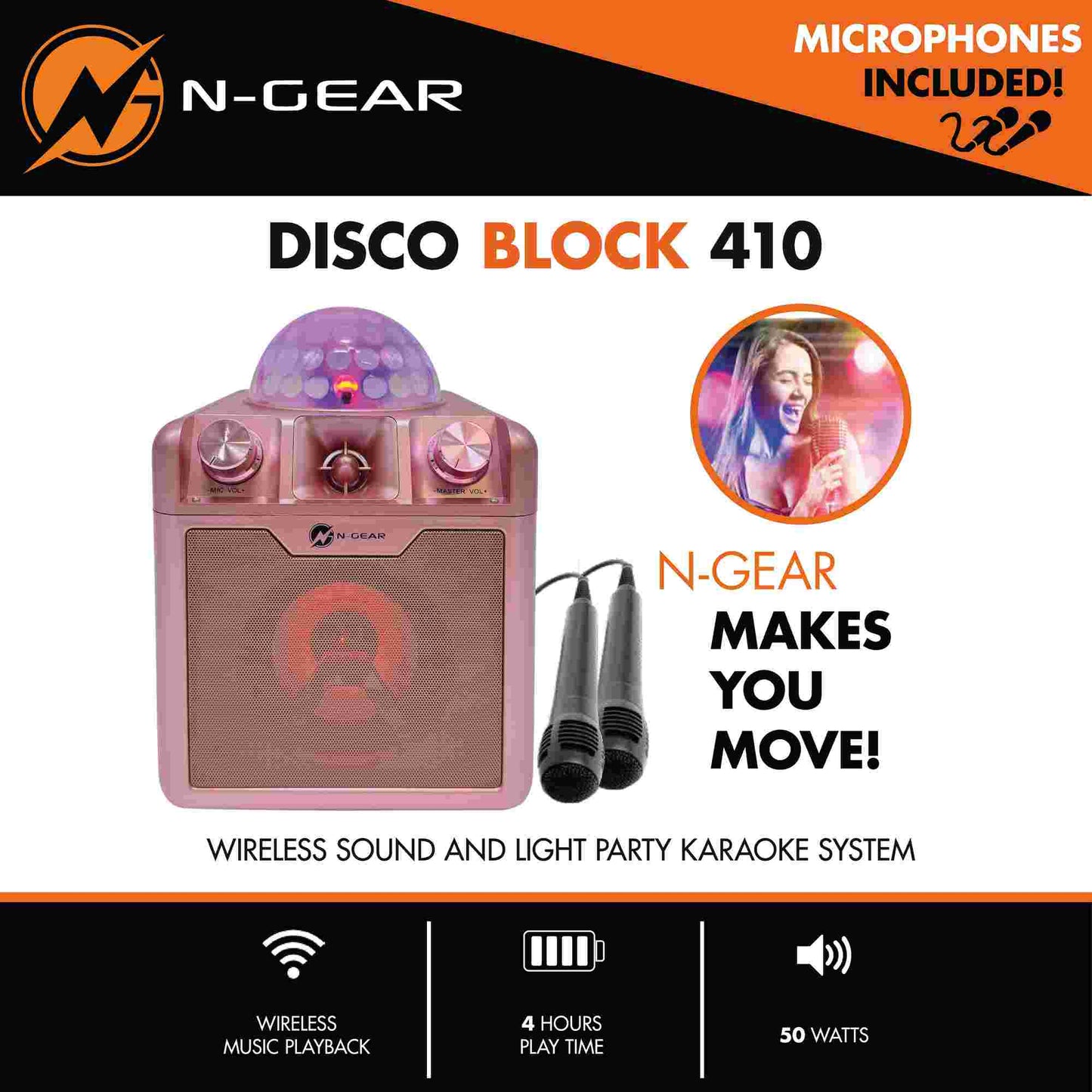 N-Gear | Disco Block 410 Karaoke Set Bluetooth Speaker Party Box with 2 Microphones Space Pink Limited Edition