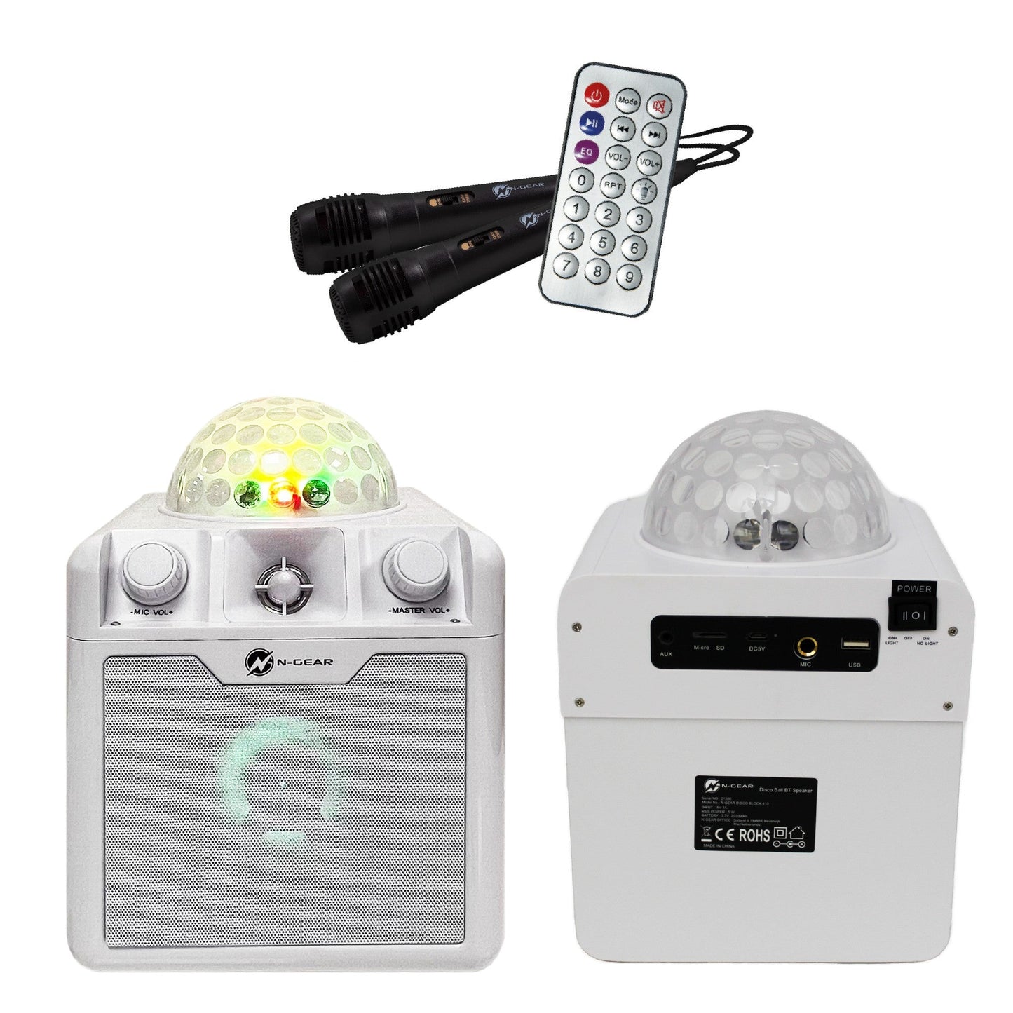 N-Gear | Disco Block 410 Bluetooth Speaker Karaoke Set Party Box with 2 Microphones White