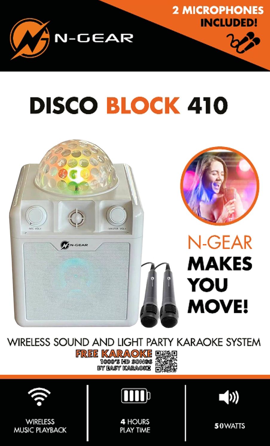 N-Gear | Disco Block 410 Bluetooth Speaker Karaoke Set Party Box with 2 Microphones White