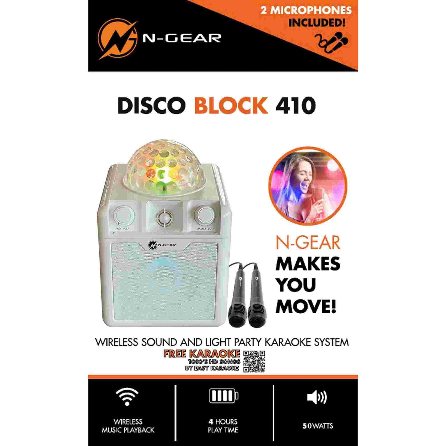N-Gear | Disco Block 410 Bluetooth Speaker Karaoke Set Party Box with 2 Microphones White