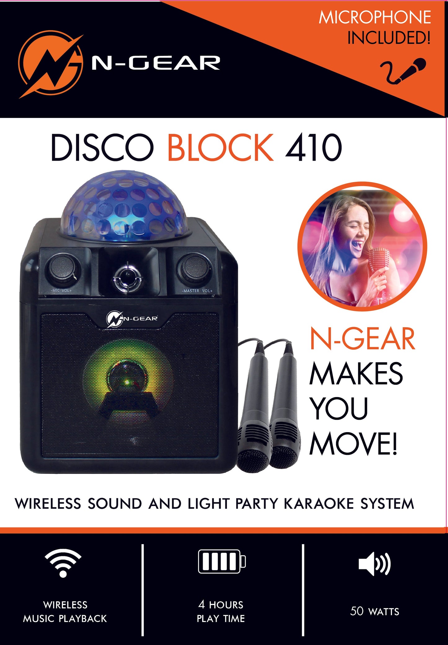 N-Gear | Disco Block 410 Bluetooth Speaker Karaoke Set Party Box with Lighting & 2 Microphones Black