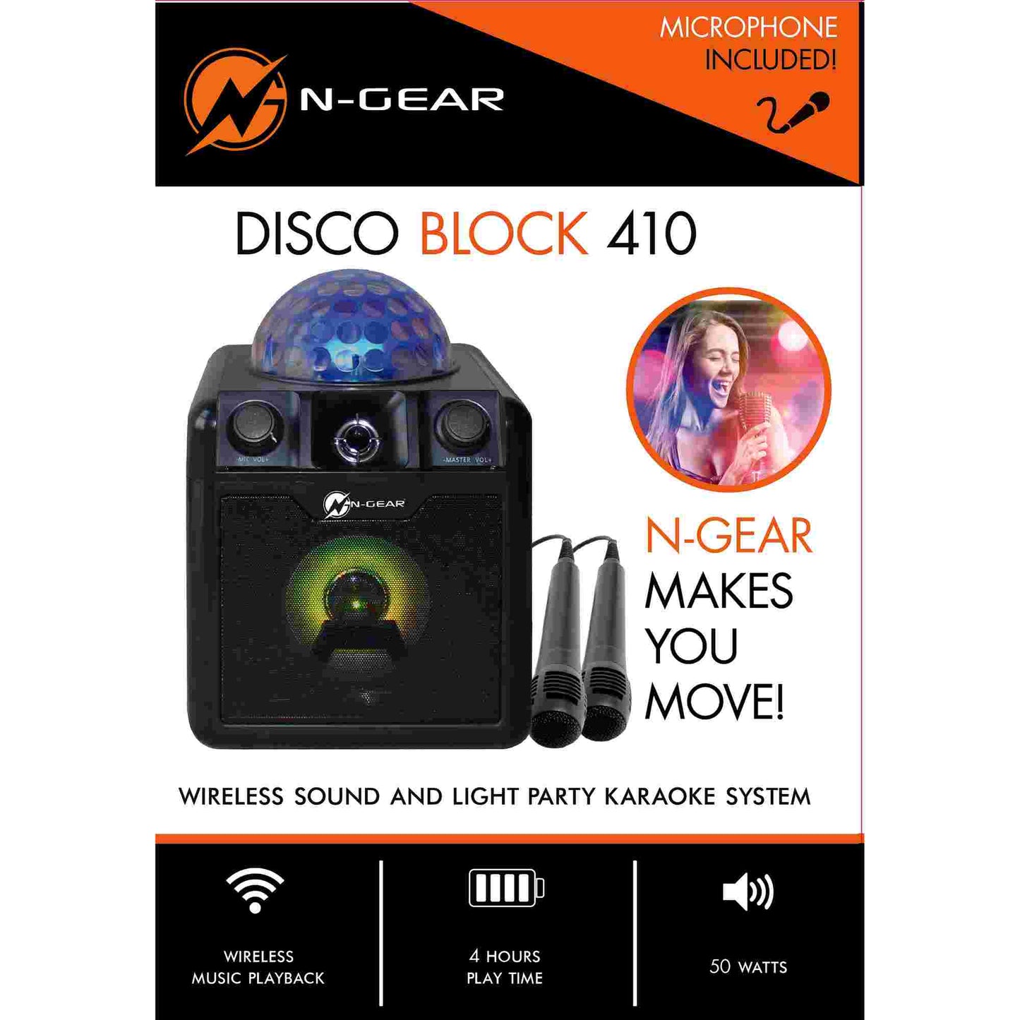 N-Gear | Disco Block 410 Bluetooth Speaker Karaoke Set Party Box with Lighting & 2 Microphones Black