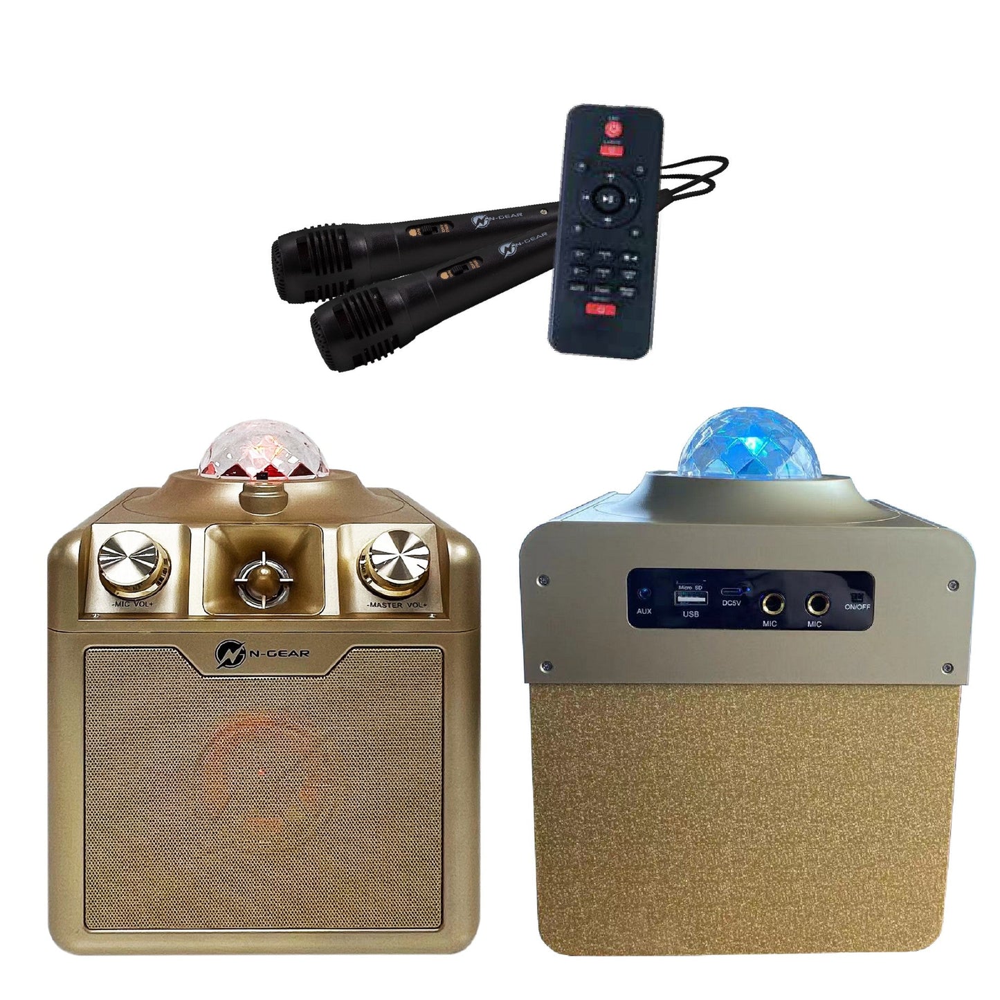 N-Gear | Disco Star 710 Gold Bluetooth Speaker Karaoke Set Party Box with Star Projector & 2 Microphones