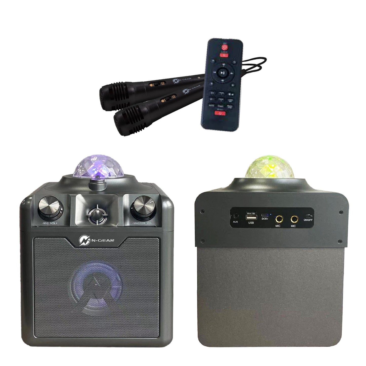 N-Gear | Disco Star 710 Space Grey Bluetooth Speaker Karaoke Set Party Box with Star Projector & 2 Microphones