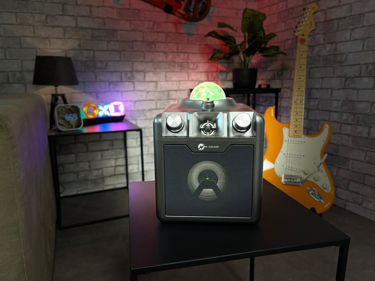 N-Gear | Disco Star 710 Space Grey Bluetooth Speaker Karaoke Set Party Box with Star Projector & 2 Microphones