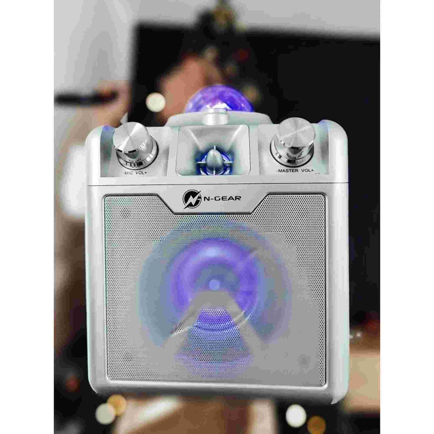 N-Gear | Disco Star 710 Silver Bluetooth Speaker Karaoke Set Party Box with Star Projector & 2 Microphones