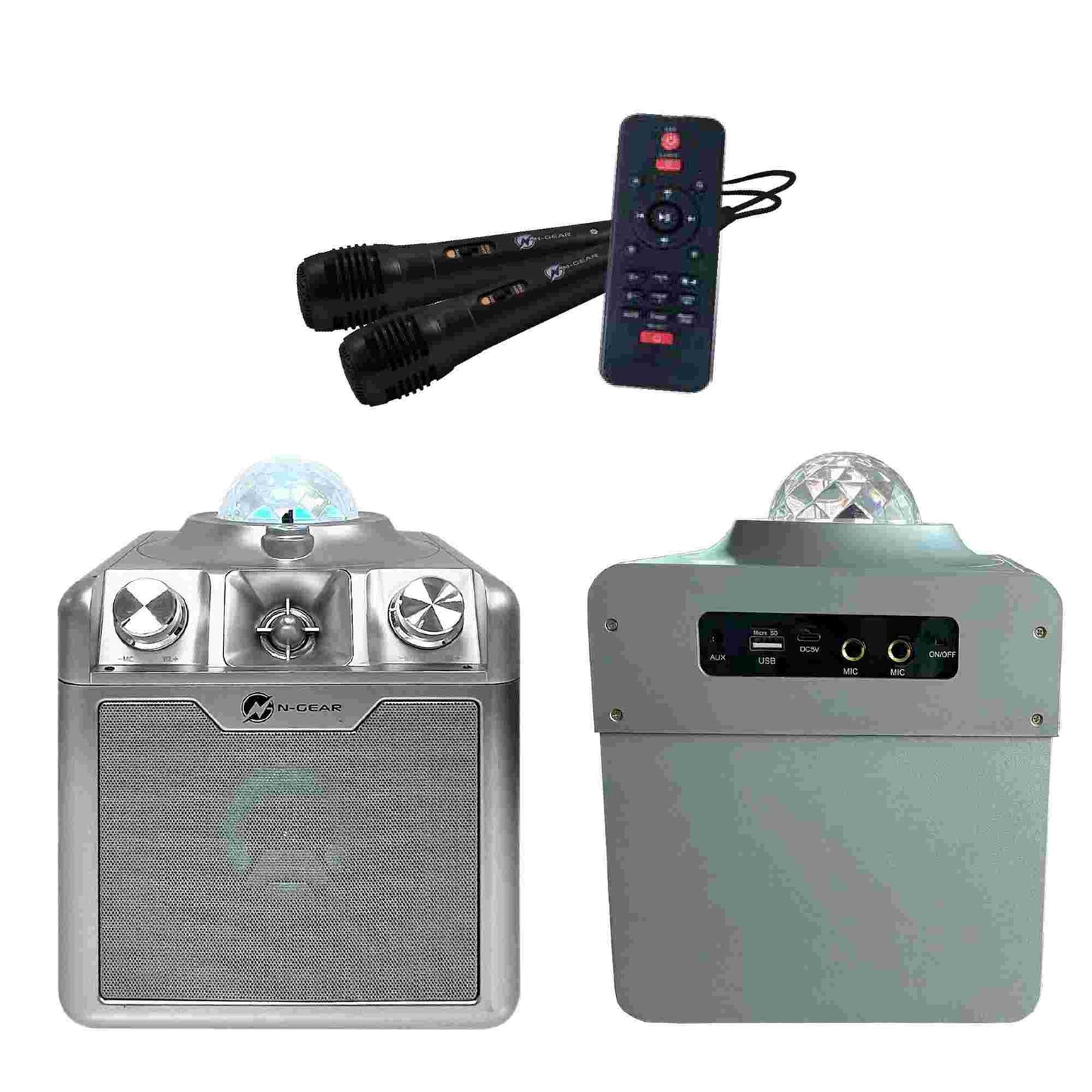N-Gear | Disco Star 710 Silver Bluetooth Speaker Karaoke Set Party Box with Star Projector & 2 Microphones