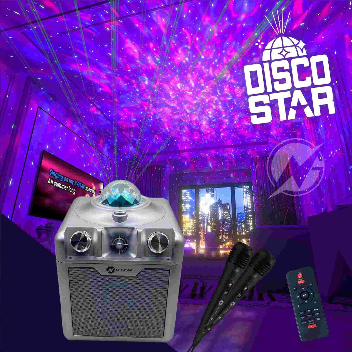N-Gear | Disco Star 710 Silver Bluetooth Speaker Karaoke Set Party Box with Star Projector & 2 Microphones