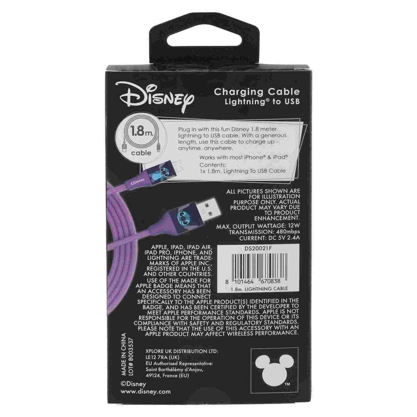 Quest | Stitch 6ft USB-A To Lightning Braided Charging Cable Blue Face