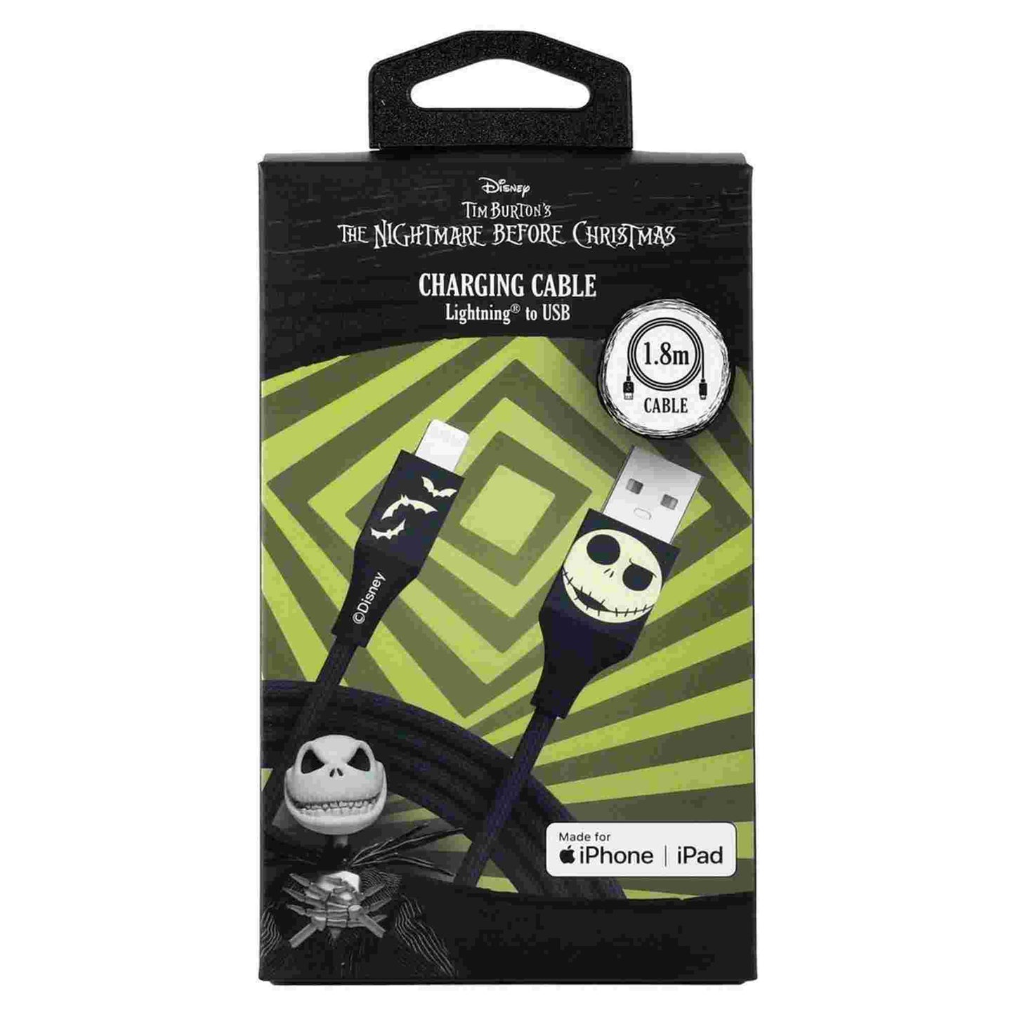 Quest | Nightmare Before Christmas 6ft USB-A To Lightning Braided Charging Cable Jack Bats