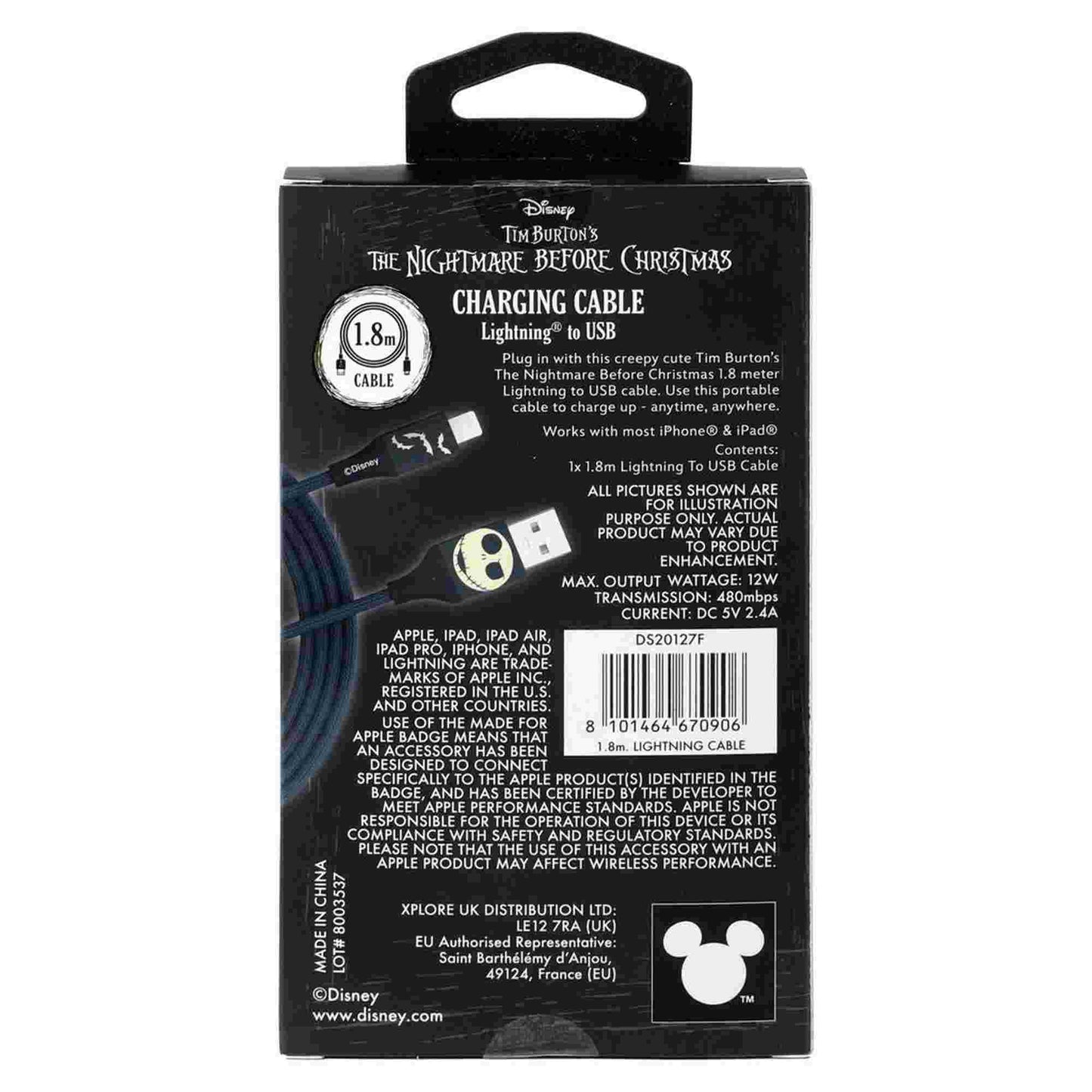 Quest | Nightmare Before Christmas 6ft USB-A To Lightning Braided Charging Cable Jack Bats