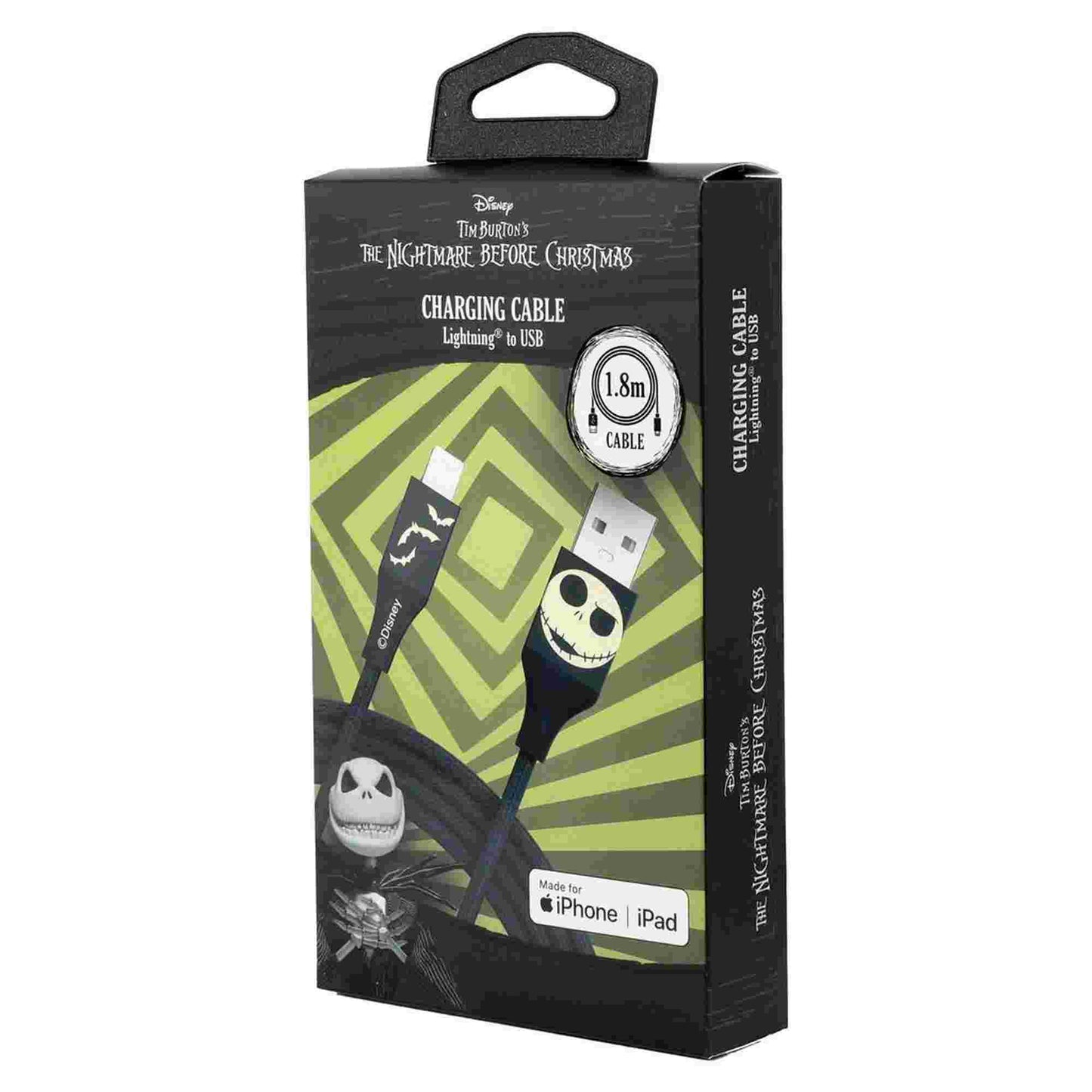 Quest | Nightmare Before Christmas 6ft USB-A To Lightning Braided Charging Cable Jack Bats