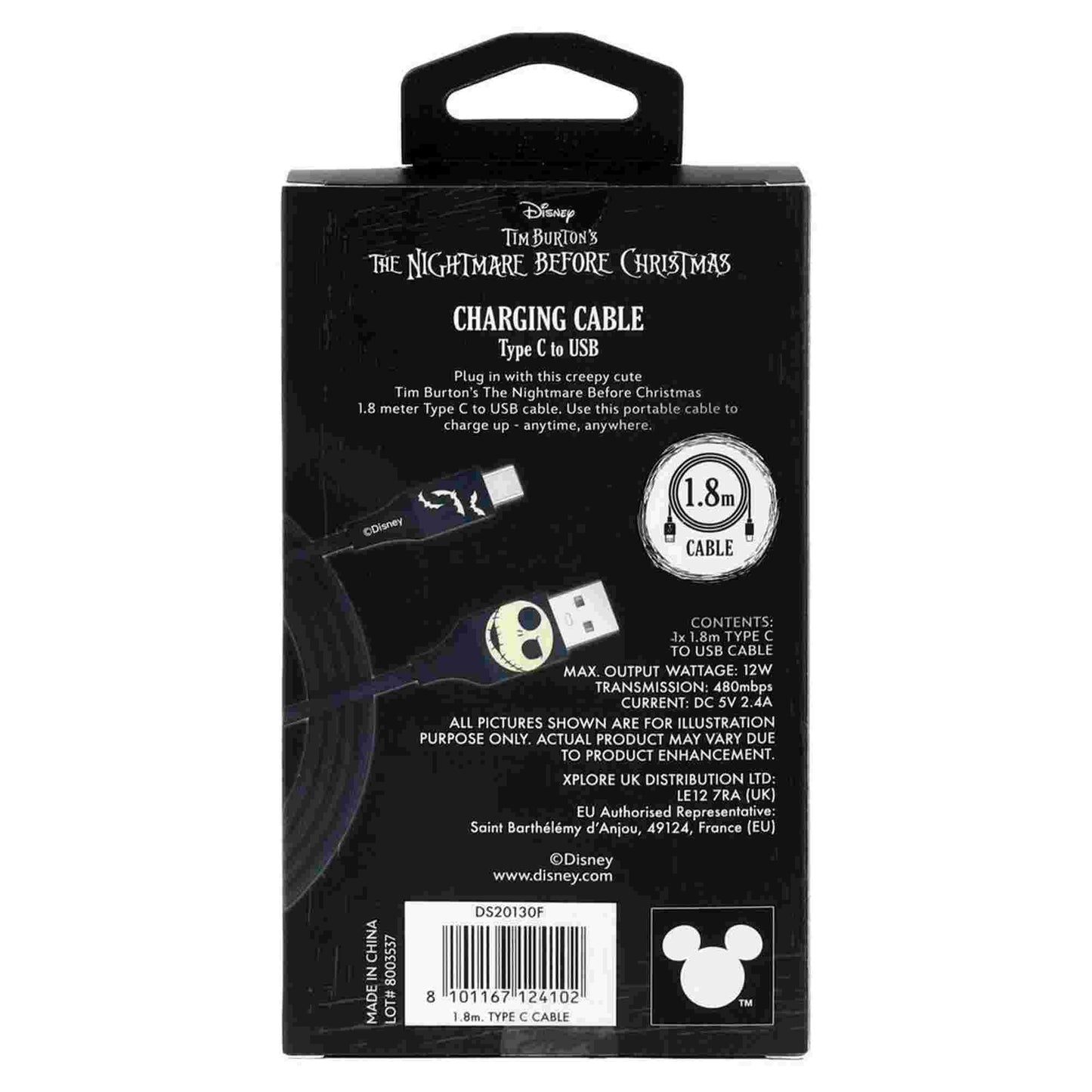 Quest | Nightmare Before Christmas 6ft USB-A To Type-C Braided Charging Cable Jack Bats