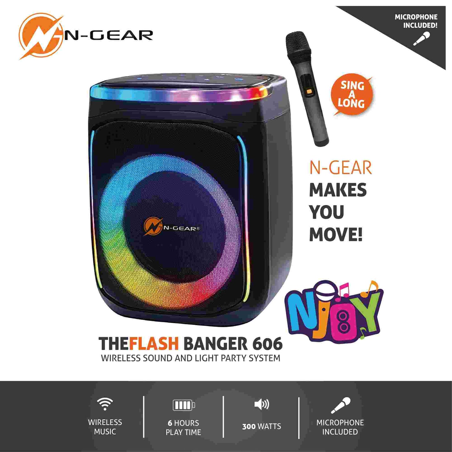 N-Gear | Flash Banger 606 Karaoke Set Bluetooth Speaker Party Box with Wireless Microphone Black
