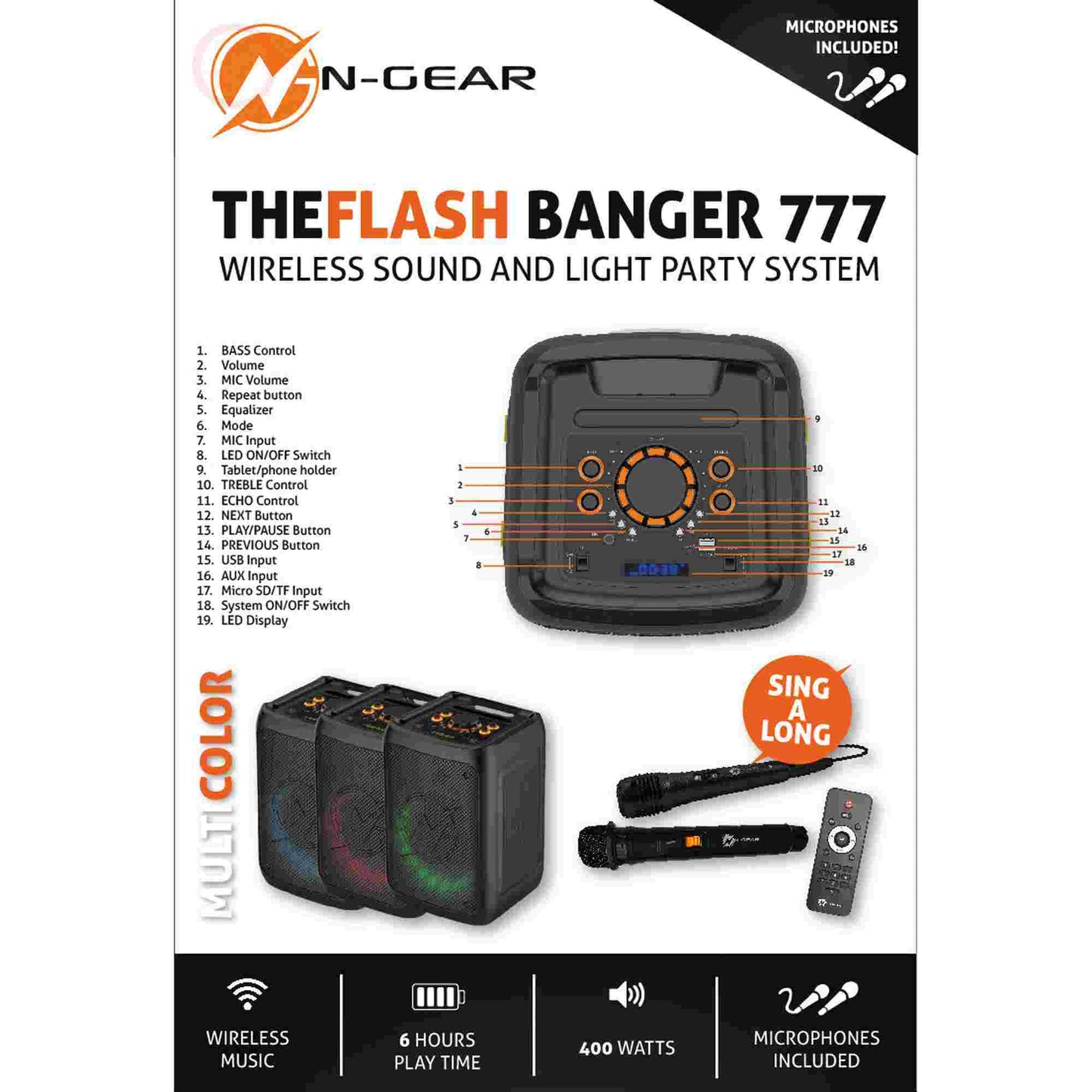 N-Gear | Flash Banger 777 Wireless Speaker Karaoke Set Party Box with 2 Microphones Black
