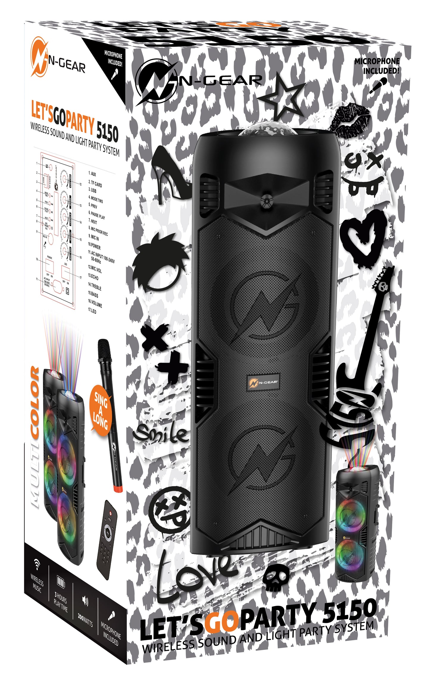 N-Gear | LGP5150 Wireless Bluetooth Party Speaker Karaoke Set 1 Microphone Disco Lighting Stealth Black