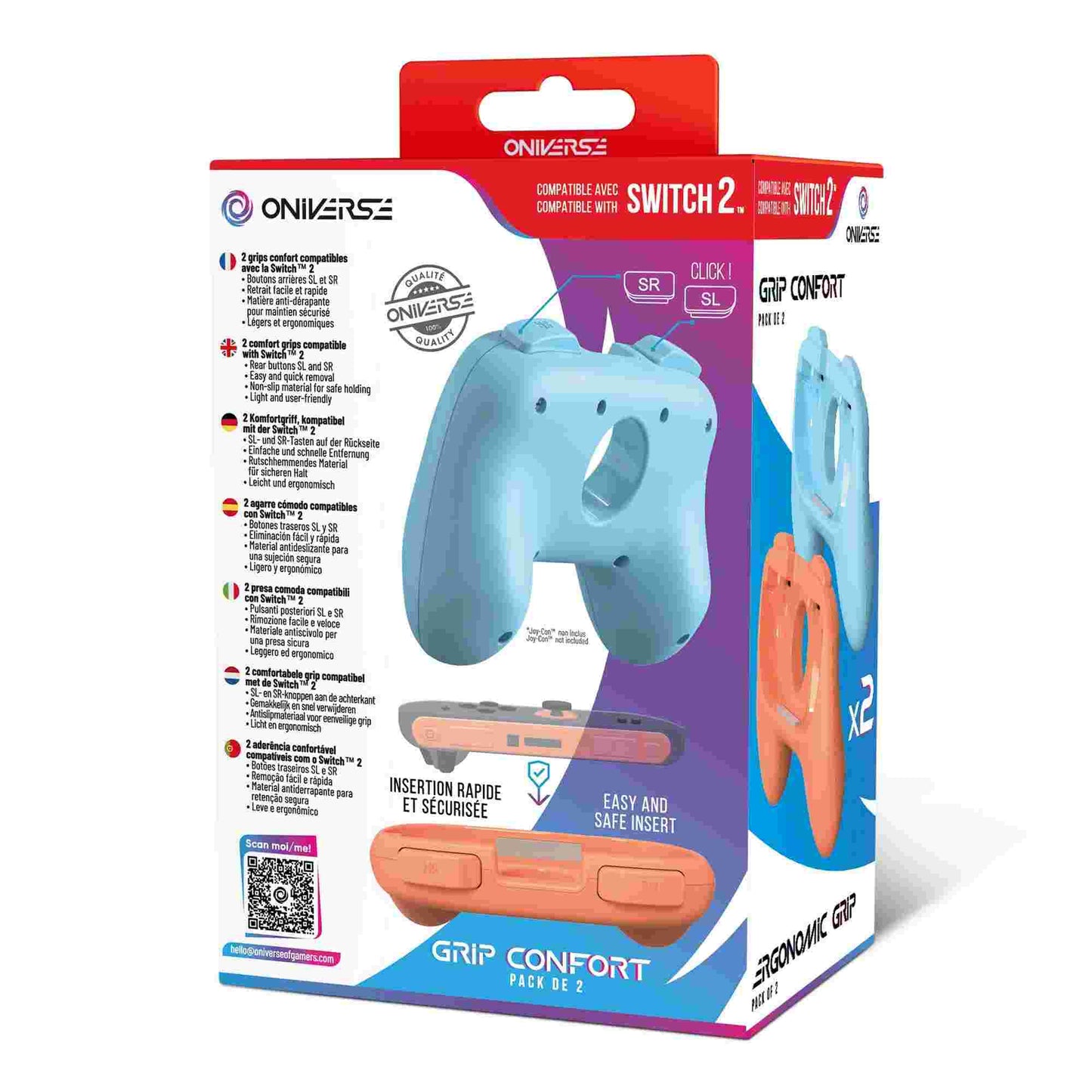 Oniverse | Pack of 2 Ergonomic Grips for Nintendo Switch 2 - Orange & Blue