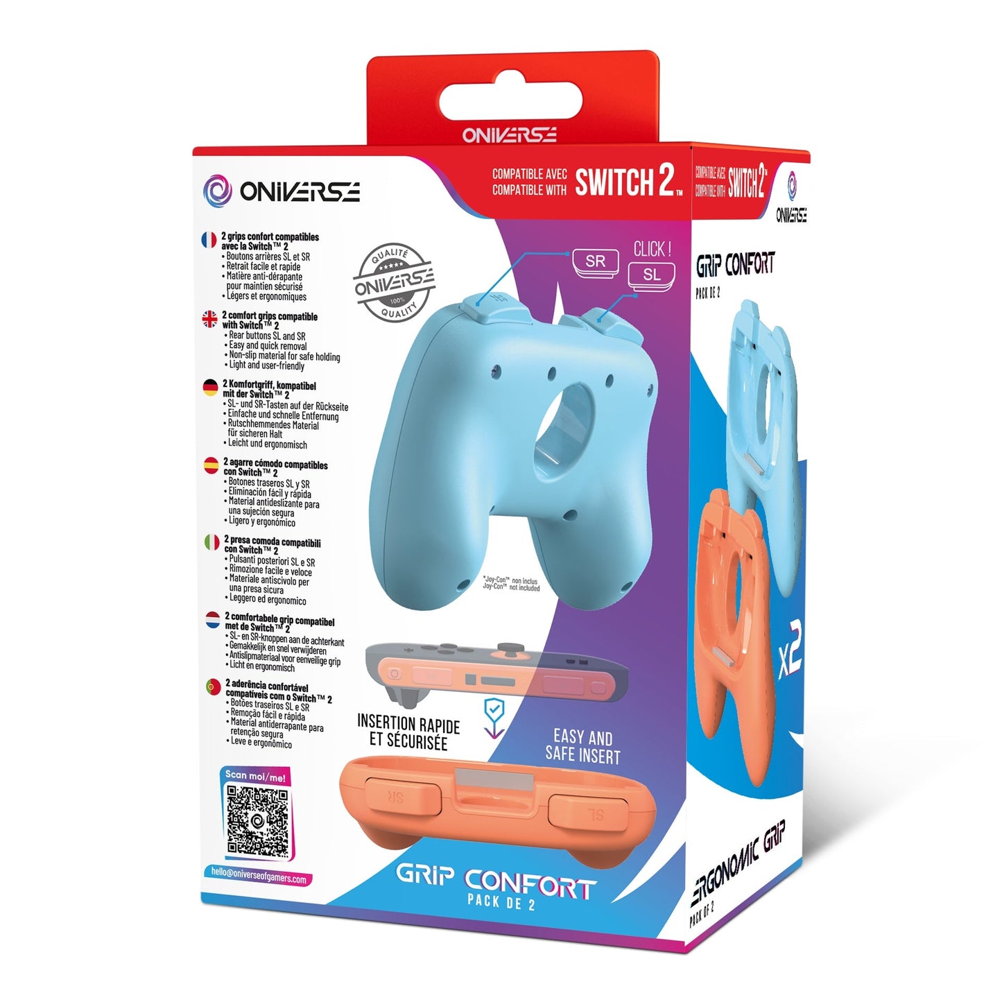 Oniverse | Pack of 2 Ergonomic Grips for Nintendo Switch 2 - Orange & Blue