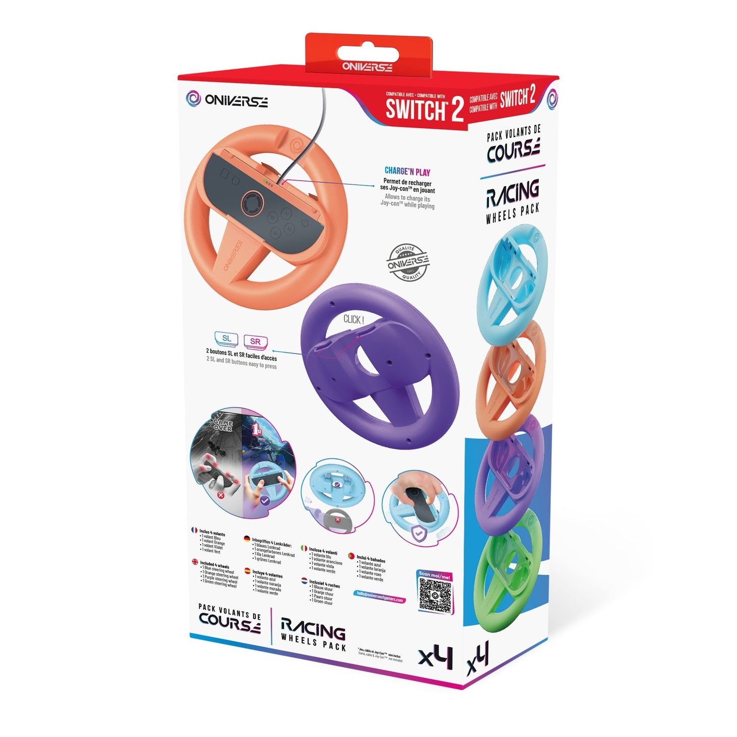 Oniverse | Pack of 4 Racing Wheel Controller Holders for Nintendo Switch 2 - Orange/Blue/Purple/Green