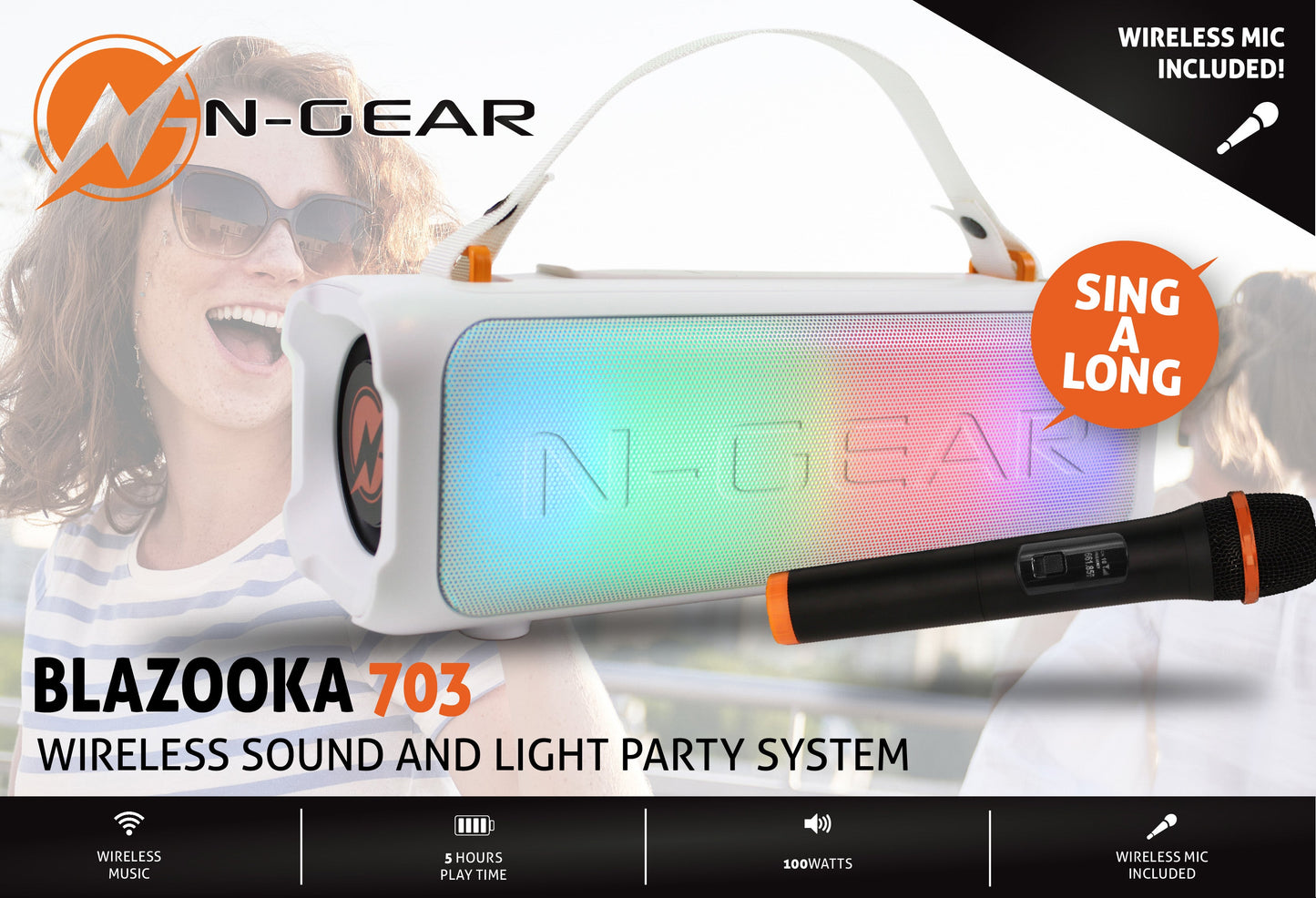 N-Gear | Blazooka 703W Bluetooth Speaker Karaoke Set Party Box with Microphone White