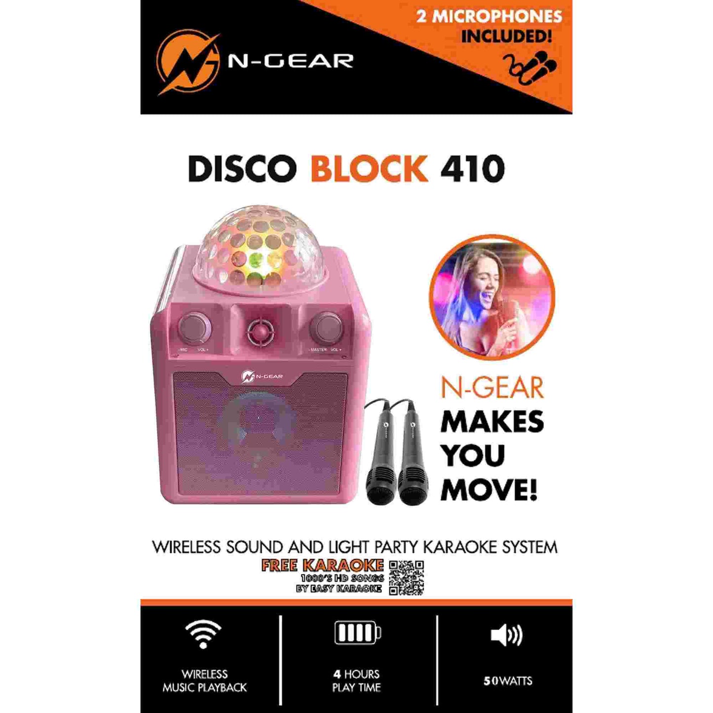 N-Gear | Disco Block 410 Bluetooth Speaker Karaoke Set Party Box with 2 Microphones Pink