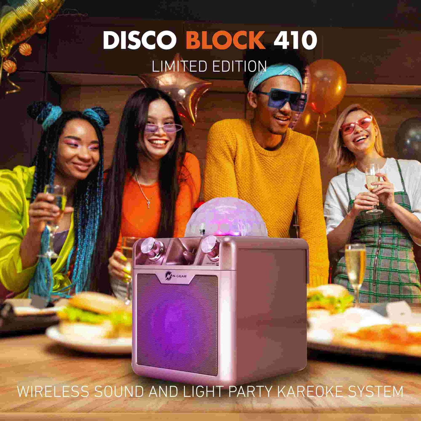 N-Gear | Disco Block 410 Karaoke Set Bluetooth Speaker Party Box with 2 Microphones Space Pink Limited Edition