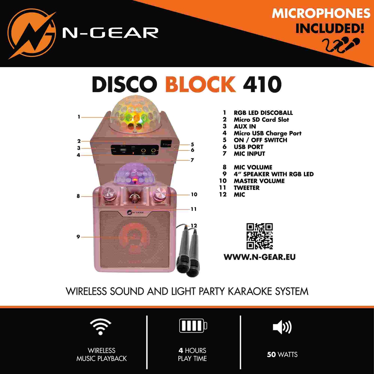 N-Gear | Disco Block 410 Karaoke Set Bluetooth Speaker Party Box with 2 Microphones Space Pink Limited Edition