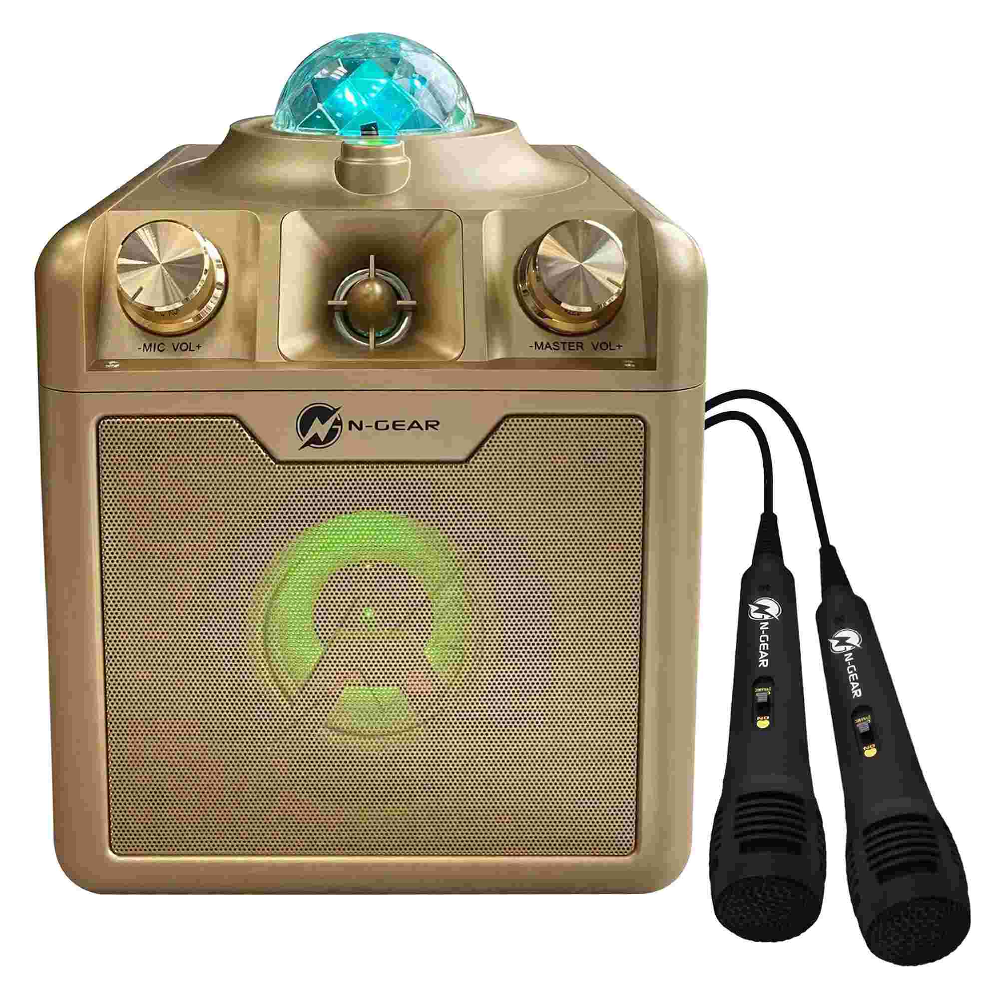 N-Gear | Disco Star 710 Gold Bluetooth Speaker Karaoke Set Party Box with Star Projector & 2 Microphones