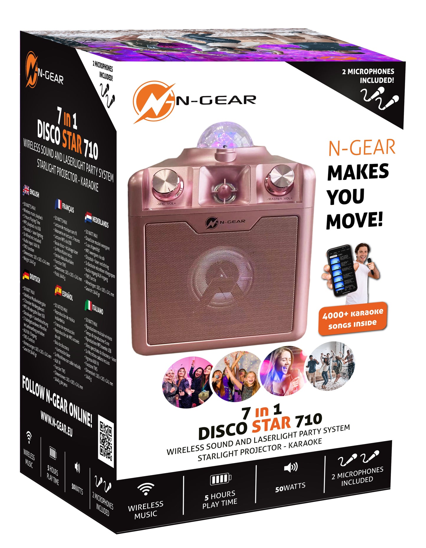 N-Gear | Disco Star 710 Space Pink Bluetooth Speaker Karaoke Set Party Box with Star Projector & 2 Microphones
