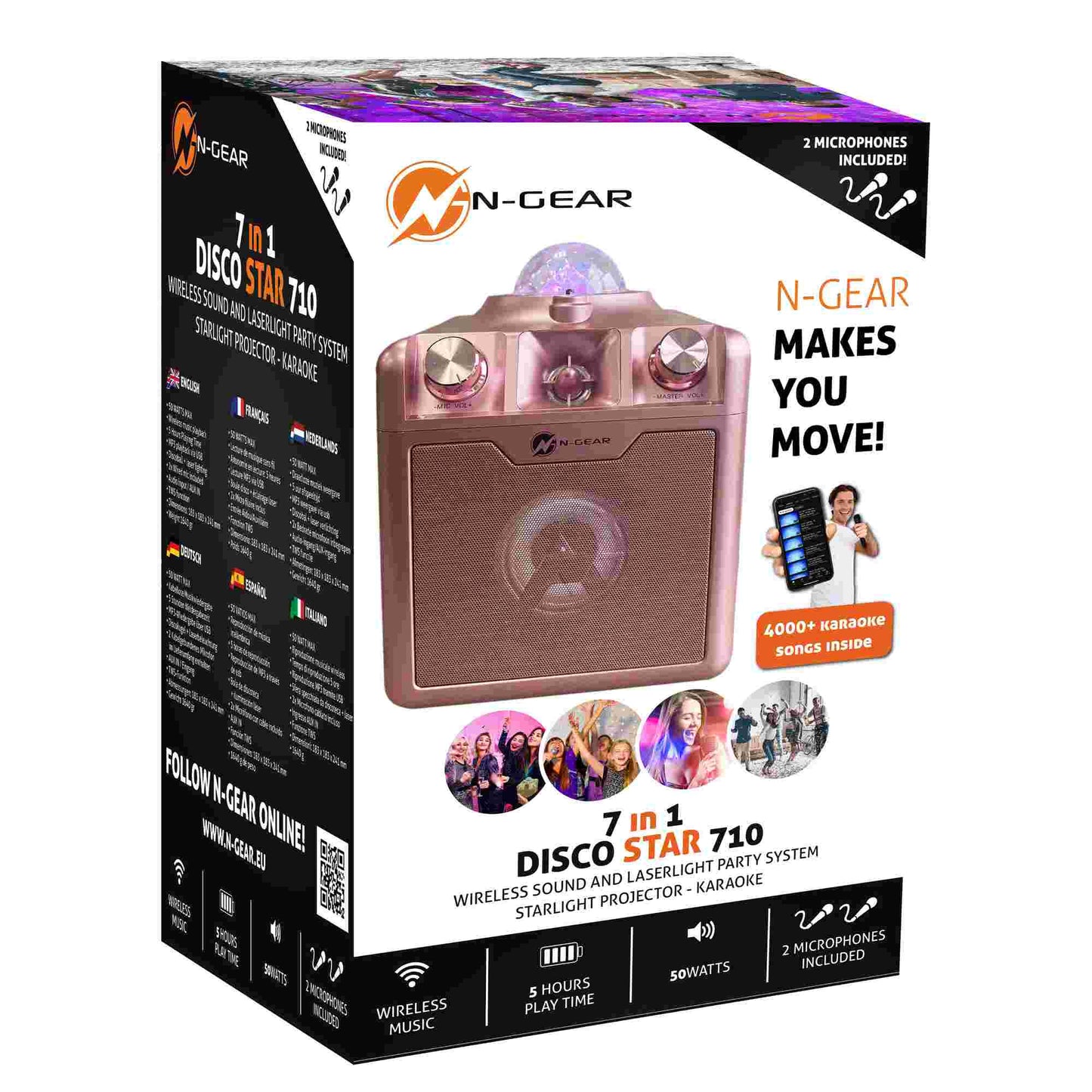 N-Gear | Disco Star 710 Space Pink Bluetooth Speaker Karaoke Set Party Box with Star Projector & 2 Microphones