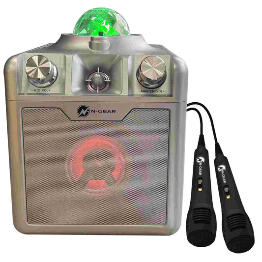 N-Gear | Disco Star 710 Silver Bluetooth Speaker Karaoke Set Party Box with Star Projector & 2 Microphones