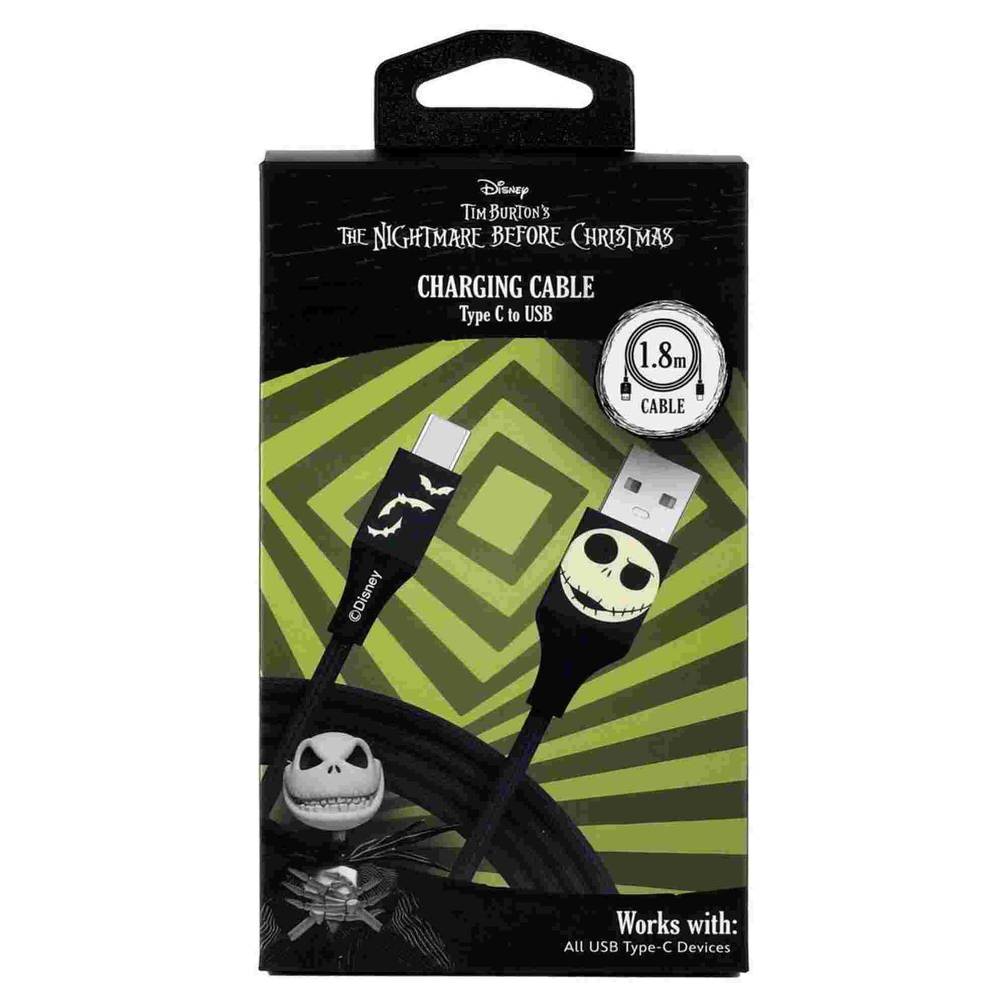 Quest | Nightmare Before Christmas 6ft USB-A To Type-C Braided Charging Cable Jack Bats