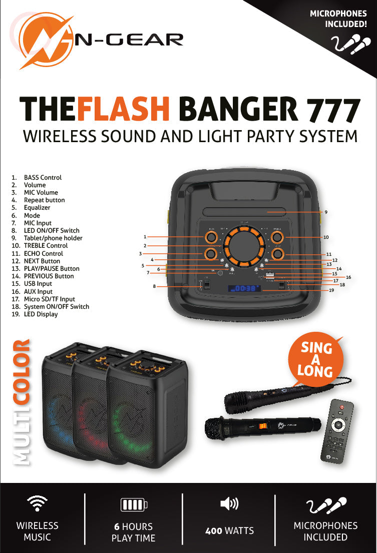 N-Gear | Flash Banger 777 Wireless Speaker Karaoke Set Party Box with 2 Microphones Black