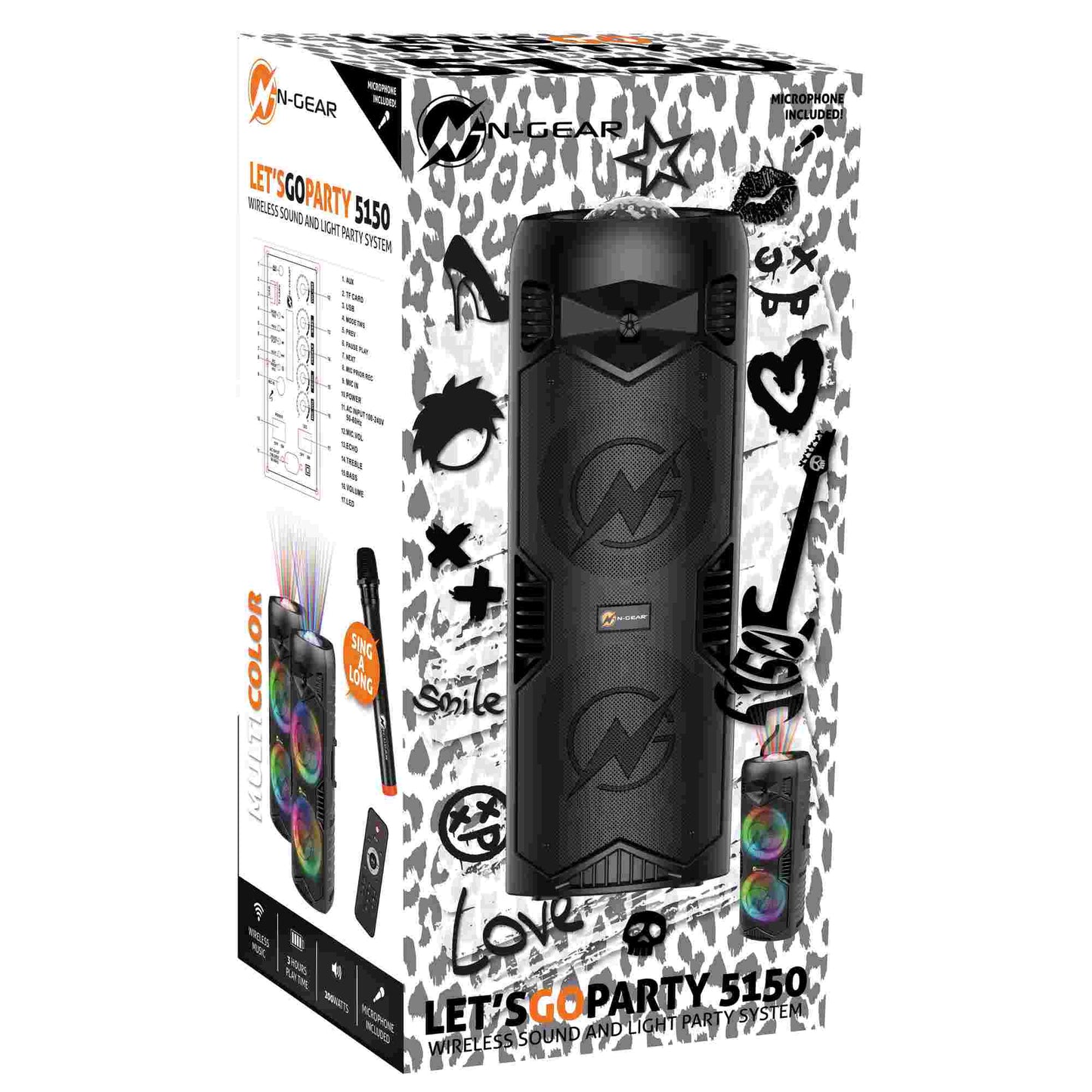 N-Gear | LGP5150 Wireless Bluetooth Party Speaker Karaoke Set 1 Microphone Disco Lighting Stealth Black