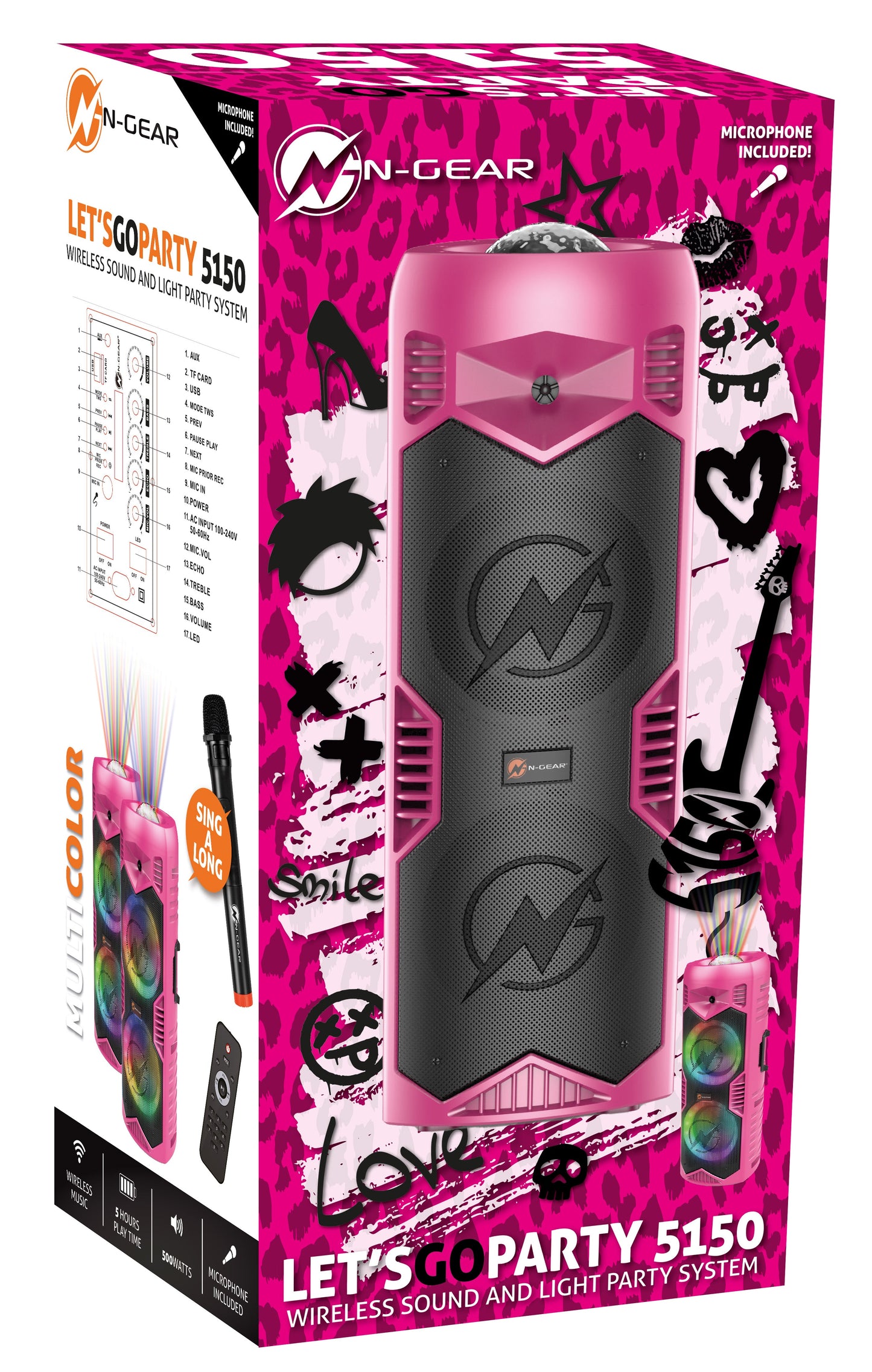 N-Gear | LGP5150 Bluetooth Speaker Karaoke Set Party Box with Microphone Barbie Pink
