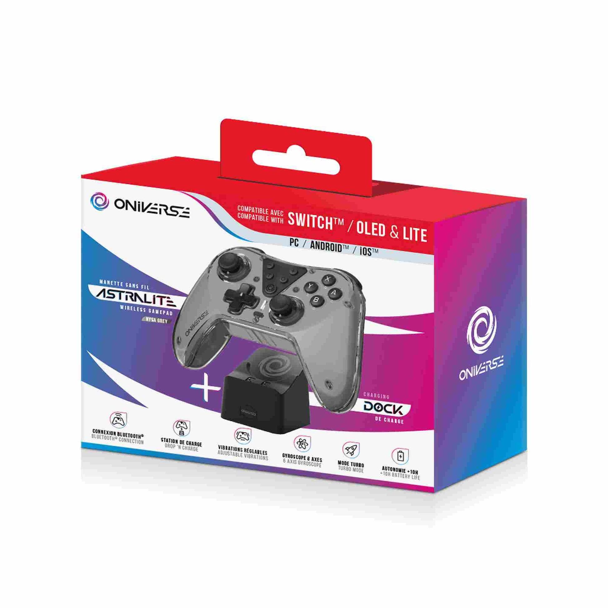 Oniverse | Astralite Grey Wireless Bluetooth Controller & Charging Station for Nintendo Switch, PC, Mobile
