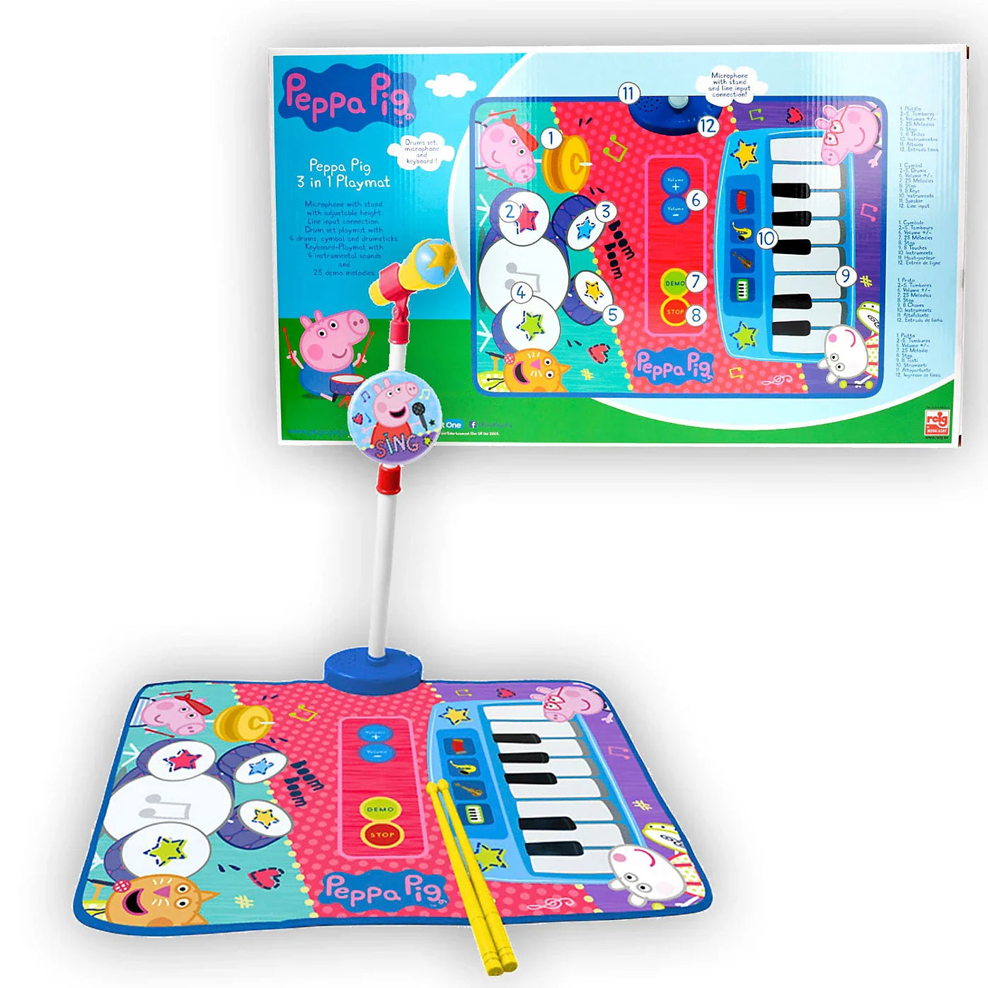 Reig | Peppa Pig 3-in-1 Playmat Drum and Piano with Microphone and Drumsticks